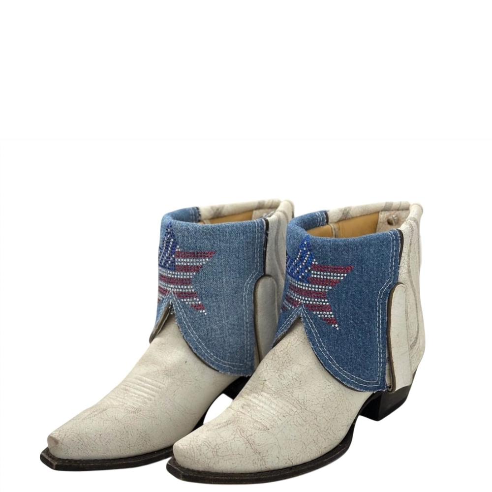 NEW CANTY women's denim flap with rhinestone star boots in white